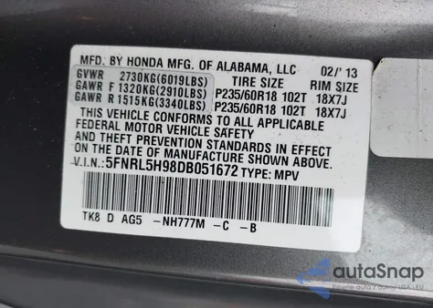2013 Honda Odyssey Touring/Touring Elite from USA, damaged, VIN 5FNRL5H98DB051672